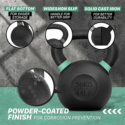 Yes4All Powder Coated Kettlebell, Cast Iron Core Kettlebells with Non-Slip Handle & Flat Bottom for Conditioning, Heavy Duty for Strength Training, 9lb to 71lb - Single