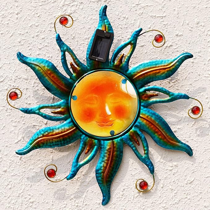 18-Inch Solar Sun Face Metal Wall Art with LED Lights, Blue