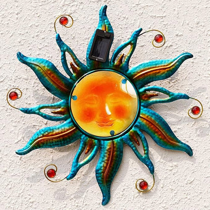 18-Inch Solar Sun Face Metal Wall Art with LED Lights, Blue