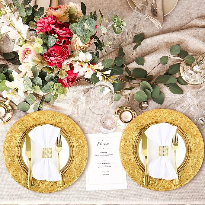 Uiifan Antique Charger Plates Bulk 13'' Plastic Embossed Dinner Plate Chargers Round Floral Plates for Wedding Decorative Chargers for Table Dinner Kitchen Party Decoration(Gold, 24 Pcs)