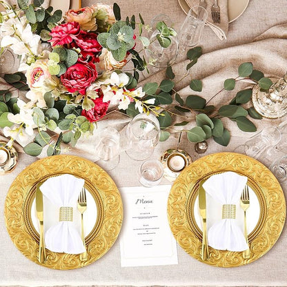 Uiifan Antique Charger Plates Bulk 13'' Plastic Embossed Dinner Plate Chargers Round Floral Plates for Wedding Decorative Chargers for Table Dinner Kitchen Party Decoration(Gold, 24 Pcs)