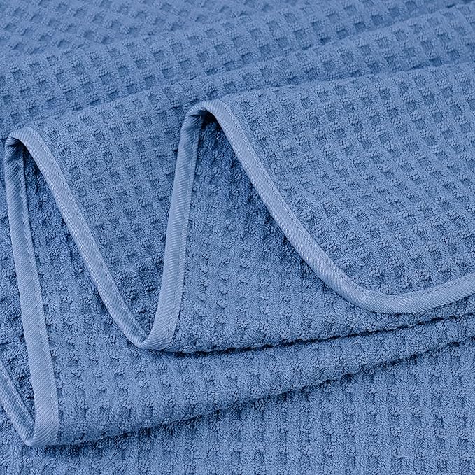 POLYTE Microfiber Oversize Quick Dry Lint Free Bath Towel, 60 x 30 in, Set of 2 (Blue, Waffle Weave)