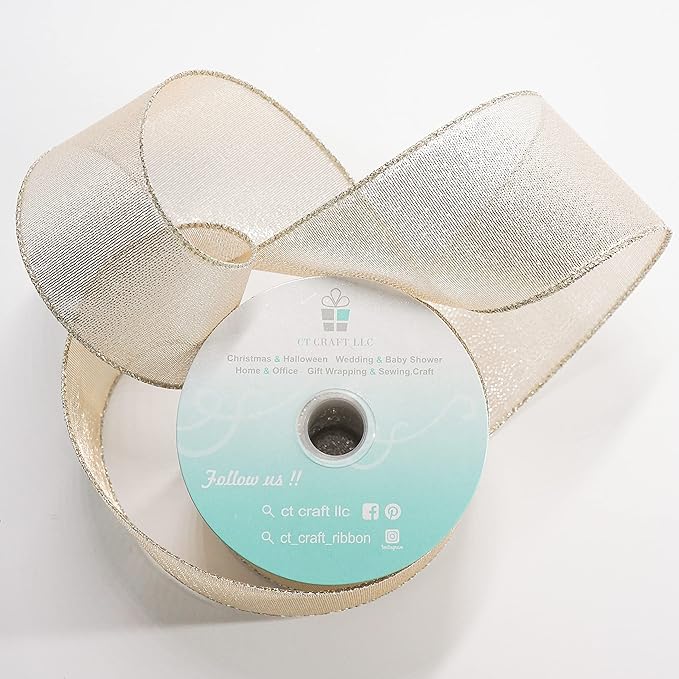 CT CRAFT LLC Champagne Gold Metallic Wired Ribbon 2.5 inch x 10 Yards for Christmas Home Decor Tree Topper Bow Gift Wrapping DIY Crafts Wreath Garland Wedding