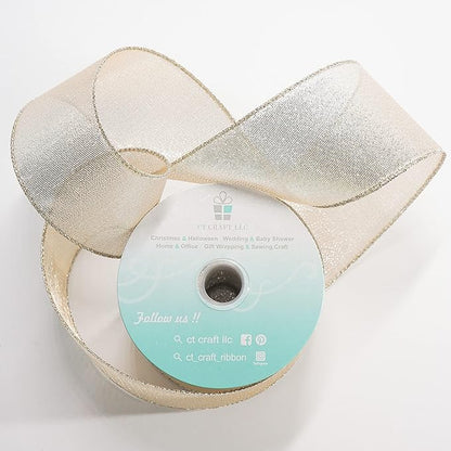 CT CRAFT LLC Champagne Gold Metallic Wired Ribbon 2.5 inch x 10 Yards for Christmas Home Decor Tree Topper Bow Gift Wrapping DIY Crafts Wreath Garland Wedding