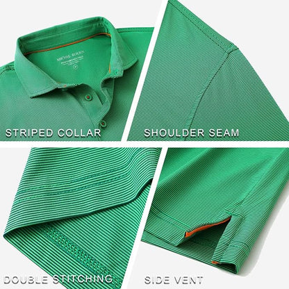 MICHEL ROUEN Golf Shirts for Men Short Sleeve Lightweight Quick Dry Pin Striped Casual Collared Polo Shirts
