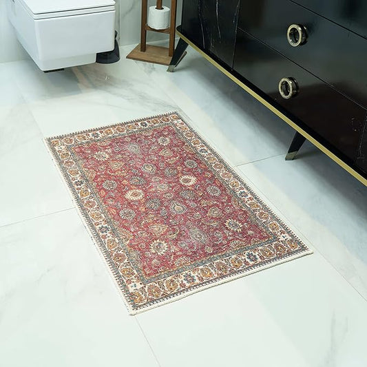 Monolia Area Rugs for Living Room 2x3 Front Door Mat for Entryway, Hallway Runner, Kitchen Rugs - Non-Slip Washable Rug for Bedroom, Bathroom - Low Pile Throw Rugs with Boho-Vintage Decor Red