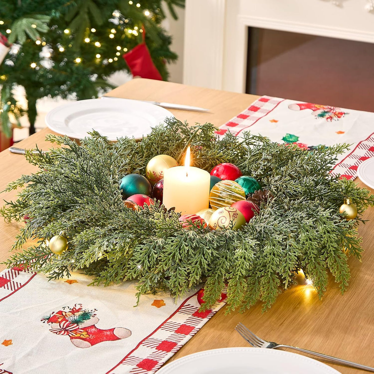 Small Greenery Cedar Wreath - 18" Artificial Real Touch Wreath for Front Door Windows Outdoor Indoor Decor Weatherproof Traditional Holiday Decorations