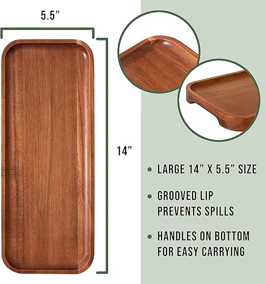 Solid Acacia Wood Serving Trays (14 x 5.5 inches) Rectangular Wooden Large Serving Platters for Food, Wooden Tray for Charcuterie, Appetizer Serving Tray, Wood Tray Cheese Board (Set of 3 Plates)