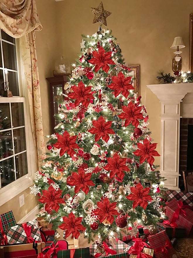Briful 9'' Christmas Poinsettia Flowers 8PCS Red Glitter Artificial Flowers Large Christmas Ornament Flowers for Xmas Tree Wreath Garland Decoration