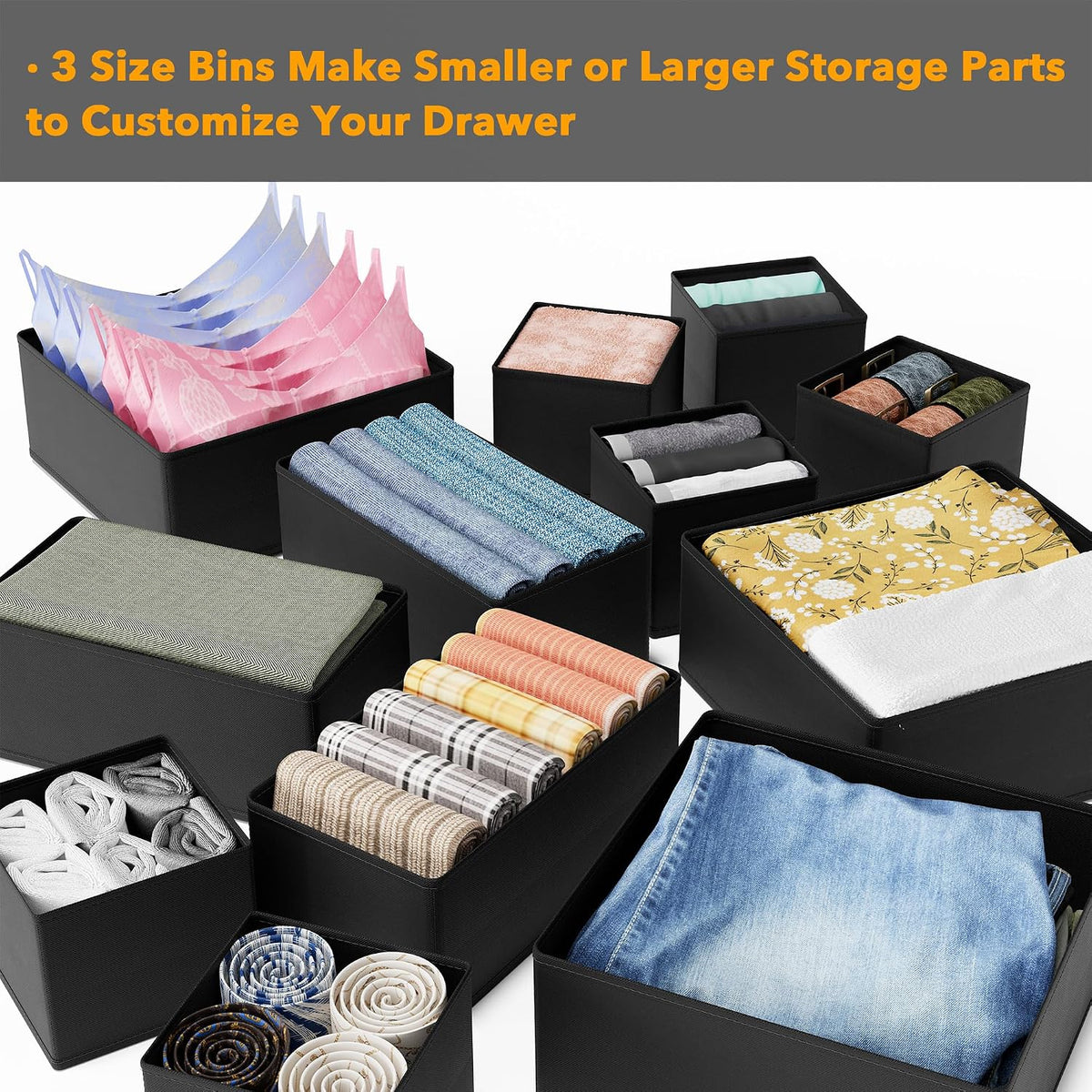 SpaceAid Drawer Organizer Clothes, 11 Pack Dresser Organizer Bins for Nursery, Closet Organization and Storage Dividers for Clothing, Baby Clothes, Underwears, Socks (Black)