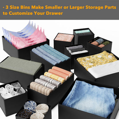 SpaceAid Drawer Organizer Clothes, 11 Pack Dresser Organizer Bins for Nursery, Closet Organization and Storage Dividers for Clothing, Baby Clothes, Underwears, Socks (Black)