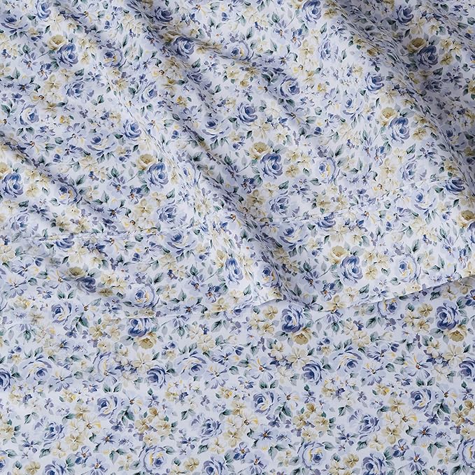 Basics Soft, Easy Care Deluxe Brushed Microfiber Queen Bed Sheets, 4-Piece, Blue Floral