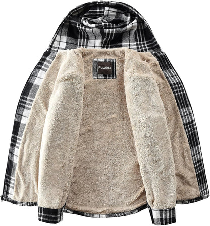 Men's Full Zip Sherpa Lined Flannel Jacket Fleece Hooded Plaid Jacket with Hood for Men