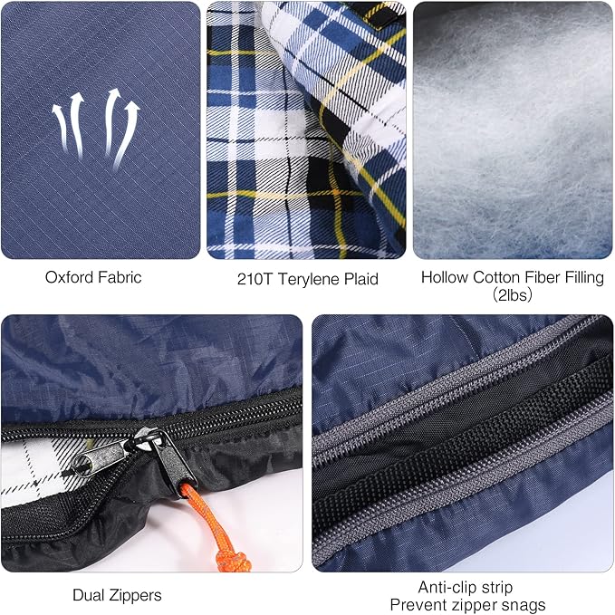 REDCAMP Flannel Sleeping Bag for Adults, Comfortable Cotton Sleeping Bags for Camping with Detachable Hood, RedGreyBlue