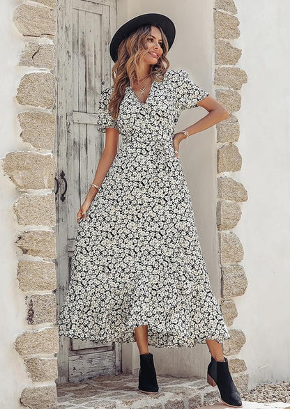 PRETTYGARDEN Women's Summer Maxi Dress Casual Wrap Floral Boho Short Sleeve V Neck Split Ruffle Beach Long Dresses