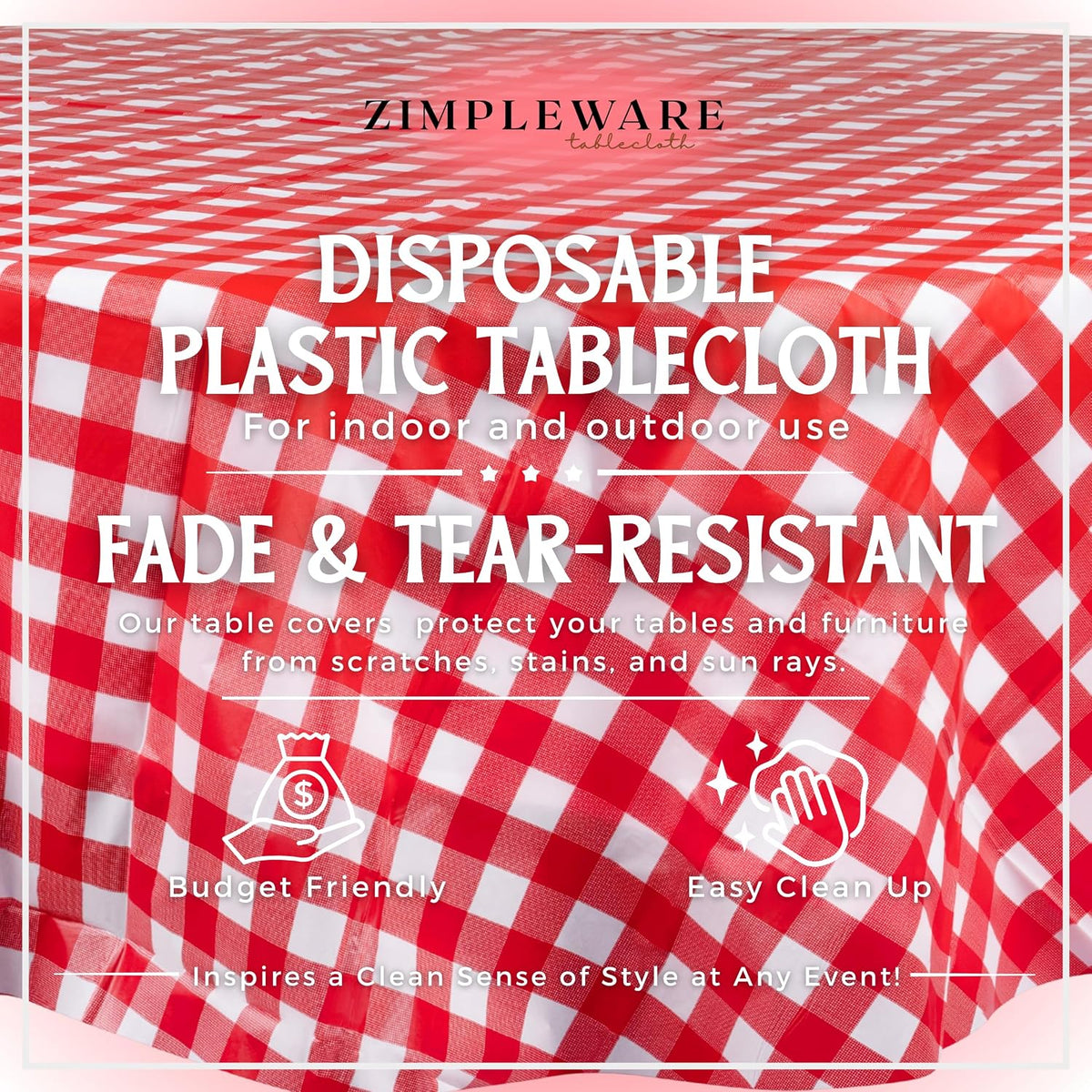 Premium Red Gingham Checkered Plastic Table Cloth Disposable (6 Pack) Round Tablecloth (84in) Party Table Cloths Disposable, Perfect Table Cloth Round Cover for Any Table Up to 6 Feet