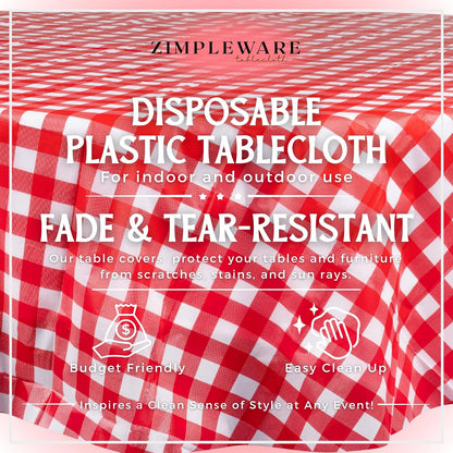 Premium Red Gingham Checkered Plastic Table Cloth Disposable (6 Pack) Round Tablecloth (84in) Party Table Cloths Disposable, Perfect Table Cloth Round Cover for Any Table Up to 6 Feet