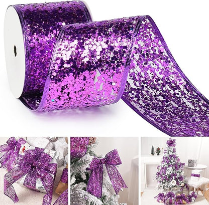 MAYREEL 2.5 Inch Purple Mesh Wired Halloween Ribbon Metallic Sequin Glitter Web for Christmas Tree Gift Wrapping Crafts Topper Bows Wreaths Holiday Decor Garland 10 Yards