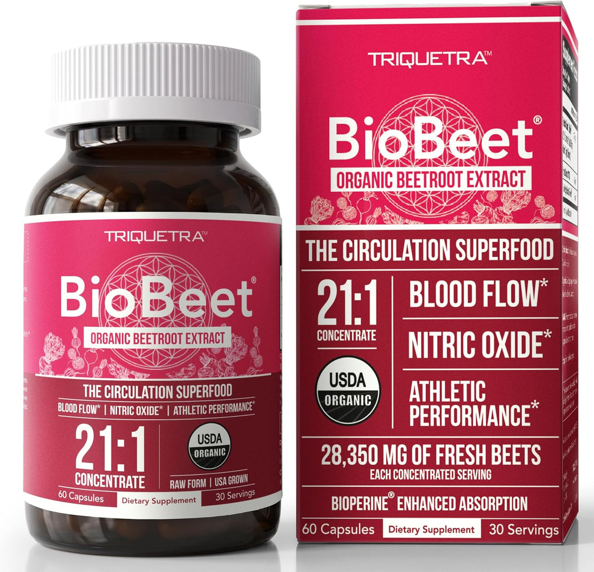 BioBeet® Max Strength Beet Root Capsules - 21:1 Concentrate, Each Serving Derived from 28,350 mg Organic Beetroot - Absorption Enhancement with BioPerine® Black Pepper Extract (60 Capsules)