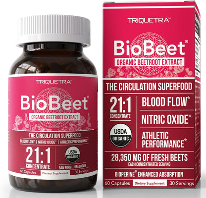 BioBeet® Max Strength Beet Root Capsules - 21:1 Concentrate, Each Serving Derived from 28,350 mg Organic Beetroot - Absorption Enhancement with BioPerine® Black Pepper Extract (60 Capsules)