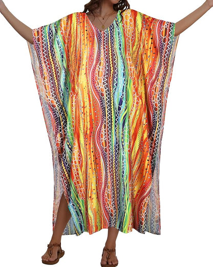 Kaftan Dresses for Women V Neck Caftan Long Batwing Sleeve Swimsuit Cover Up Beach Swimwear