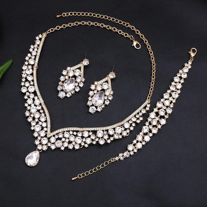 Women's Statement Necklace Earrings Link Bracelet Set for Bride Austrian Crystal Wedding Bridal Costume Jewelry Sets