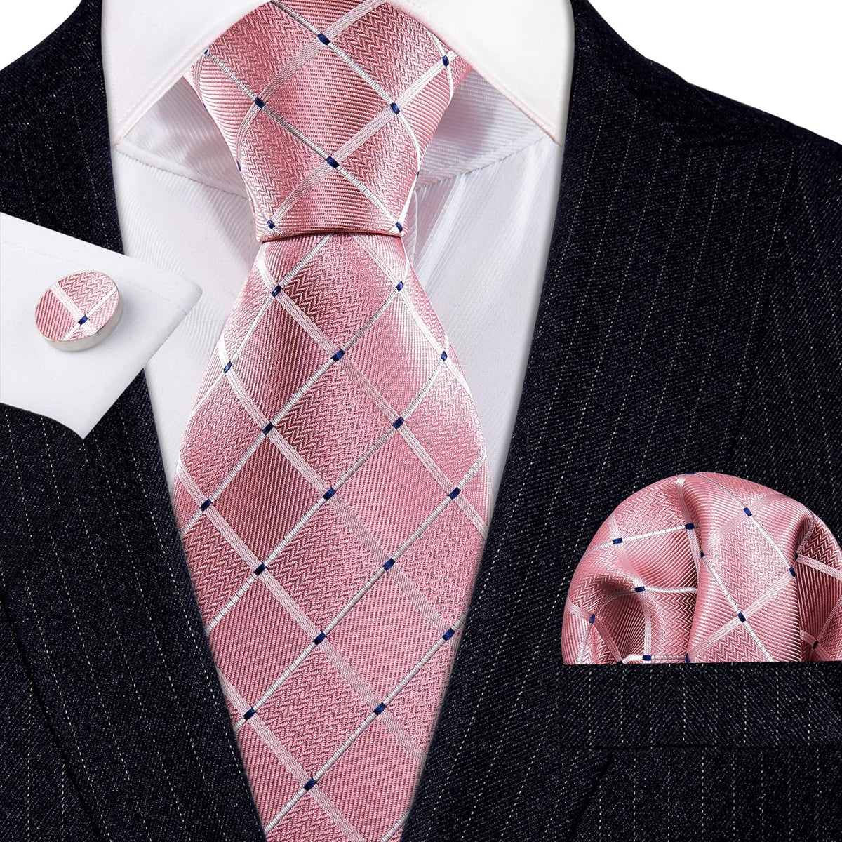 Barry.Wang Mens Tie Set Plaid Check Neckties Formal Business Wedding Luxury Pocket Square Cufflinks