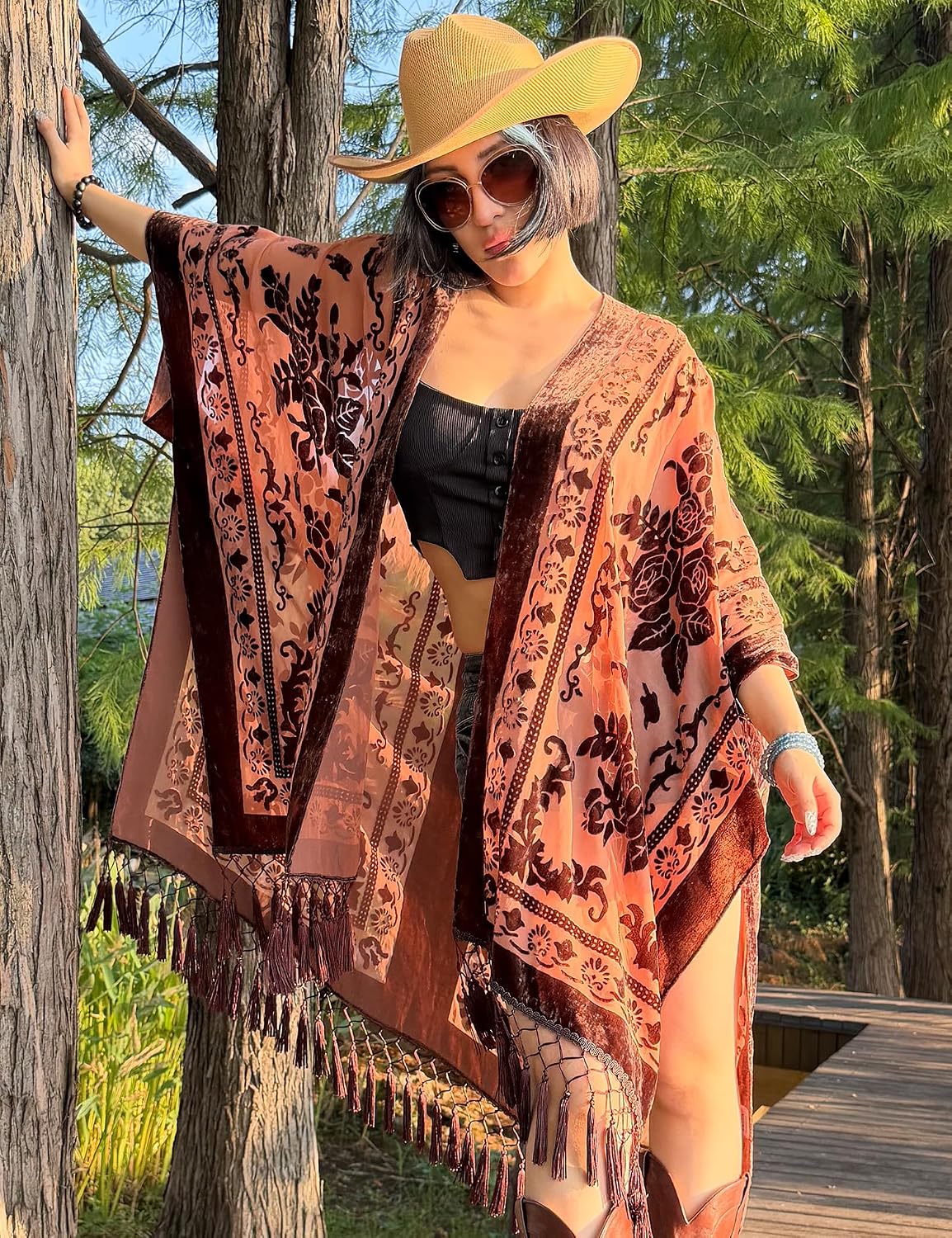 WeHello Women's Burnout Velvet Kimono Long Cardigan Cover Up With Tassel.