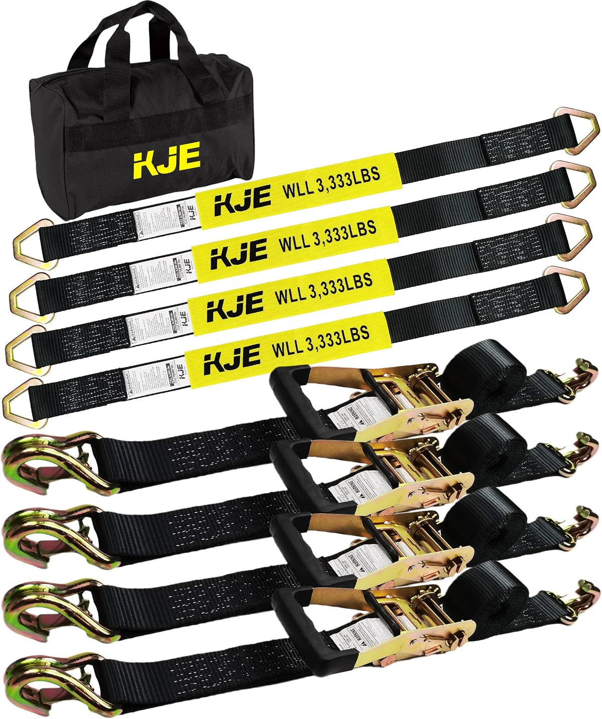 Heavy Duty Car Trailer Tie Down Straps 4 Pack Kit - 2" x 8' Ratchet Straps + J-Hooks with Clip, 2" x 36'' Axle Straps - 10,000lbs Break Strength - Use for Car, Truck, UTV Transport.( left side of the handbag is missing )