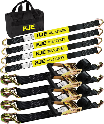 Heavy Duty Car Trailer Tie Down Straps 4 Pack Kit - 2" x 8' Ratchet Straps + J-Hooks with Clip, 2" x 36'' Axle Straps - 10,000lbs Break Strength - Use for Car, Truck, UTV Transport.( left side of the handbag is missing )