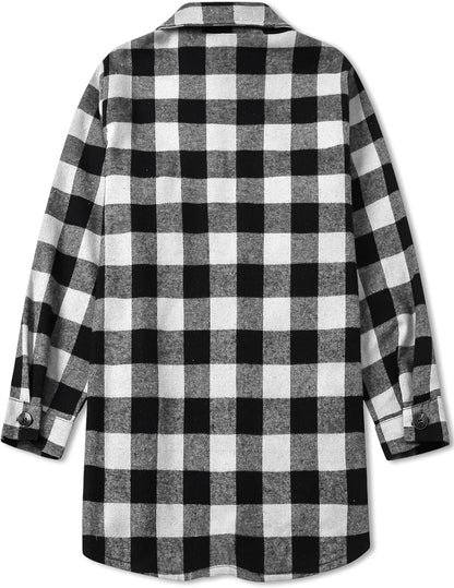 Women and Girls Oversized Flannel Plaid Shirt Mid-Length Casual Button Down Shirt with Pockets