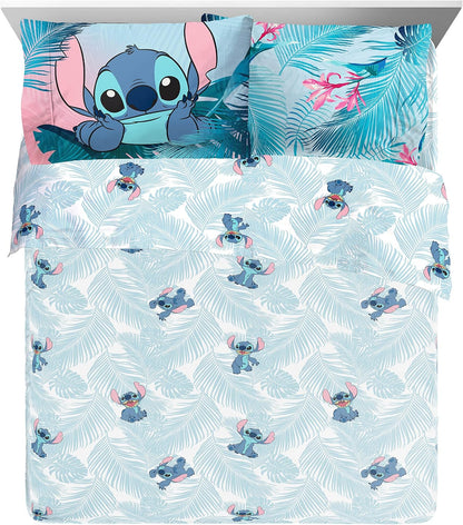 Disney Lilo and Stitch Queen Comforter Set 7 Piece Kids Bedding, Pink Bed in a Bag, Comforter Sheets Shams Pillowcases, Official Brand, Soft Polyester Microfiber, Machine Washable, Girls Gift