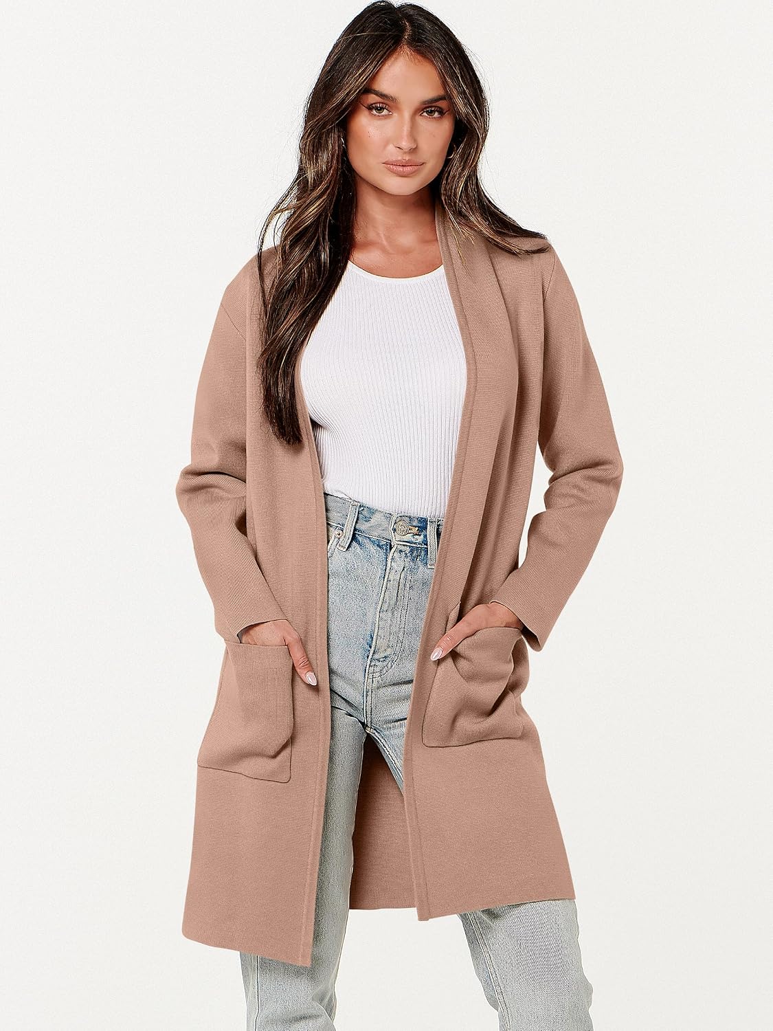 This ANRABESS cardigan is perfect for chilly days - the soft, stretchy material and open front design make it a versatile layering piece.