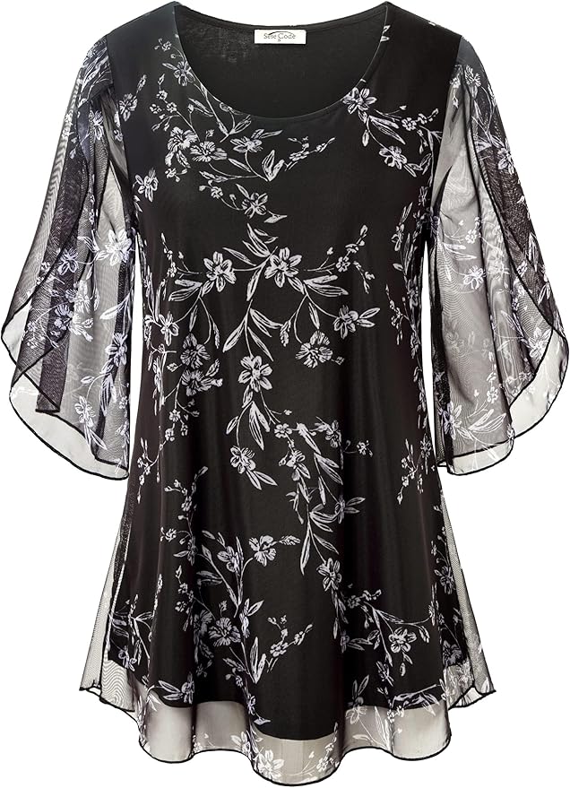 SeSe Code Womens Ruffle 3/4 Sleeve Mesh Blouses Loose Flowy Tops Stretchy Shirts