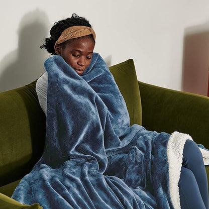 Bedsure Sherpa Fleece Blankets Queen Size for Bed - Thick and Warm, Soft Fuzzy Plush Queen Blanket for Winter, Slate Blue, 90x90 Inches
