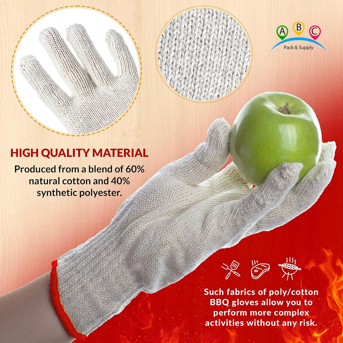 ABC PACK & SUPPLY String Knit Work Gloves, 9.5 Inch Large, Beige Cotton Polyester, Pack of 1 Pairs, Elastic Wrist with Red Edge Line