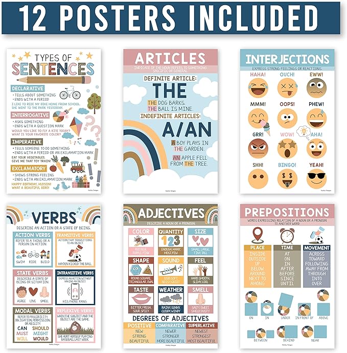 Hadley Designs Parts Of Speech Posters For Classroom - 12 Grammar Posters For Classroom Must Haves, Language Arts For Elementary  Middle School, Writing Process  ELA School, Boho Class Decor
