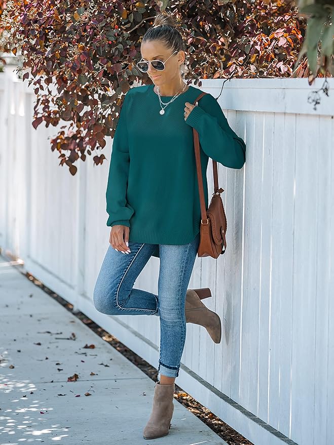 MEROKEETY Women's 2025 Fall Long Balloon Sleeve Crew Neck Sweater Tops Waffle Knit Soft Pullover Jumper