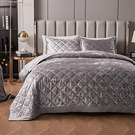 LUCKYBULL Silver Korean Velvet Quilt Set King XL Size (104x96 inch), 3 Pieces Luxury Textured Soft Bedspread with 2 Pillowcases, Reversible Coverlet Set for All Season