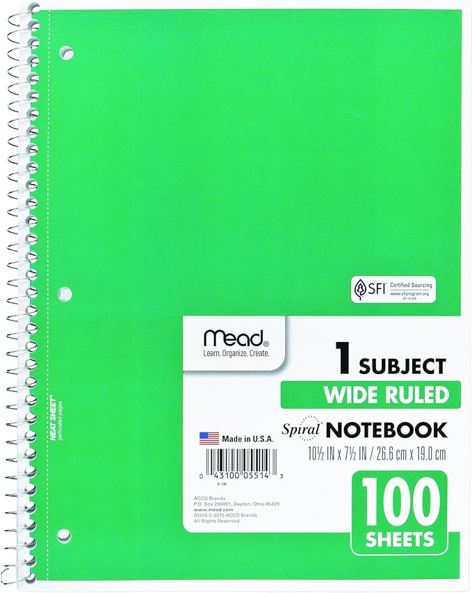Mead Spiral Notebook, 1 Subject, Wide Ruled Paper, 100 Sheets, 10-12" x 8", Color Selected For You, 1 Count (05514) (Pack of 2)