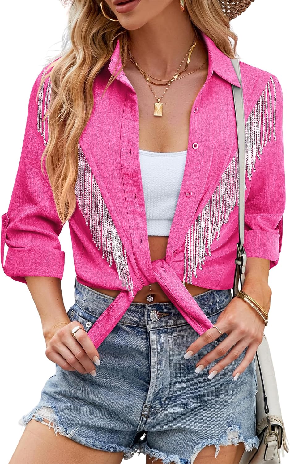 Womens Sparkly Fringe Button Down Shirt Rolled 3/4 Sleeve Top Country Concert Nashville Western Cowgirl Outfit