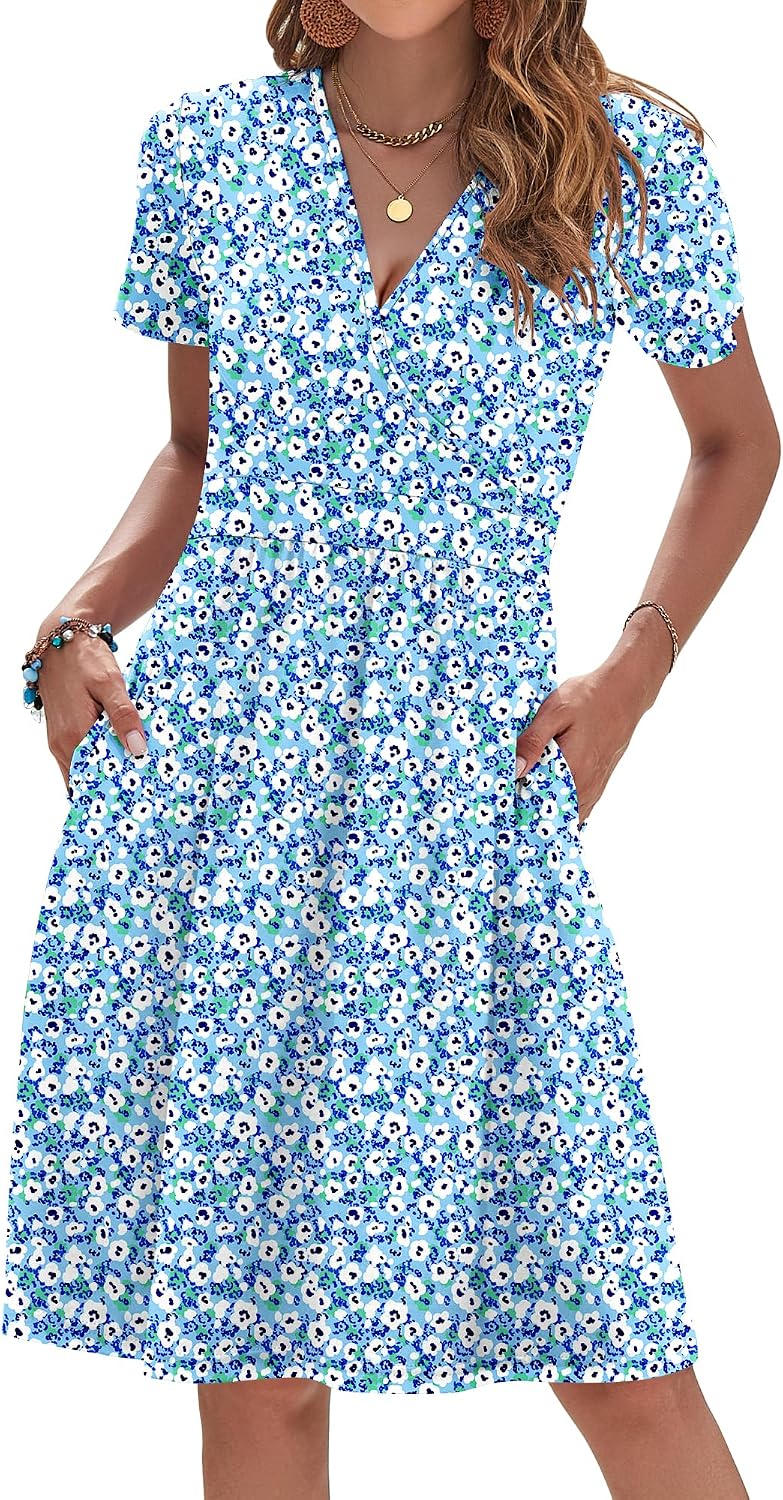 AUSELILY Womens Summer Dresses 2026 Short Sleeve V Neck Floral Sundress with Pockets .
