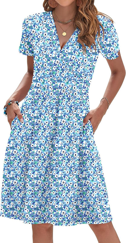 AUSELILY Womens Summer Dresses 2026 Short Sleeve V Neck Floral Sundress with Pockets .