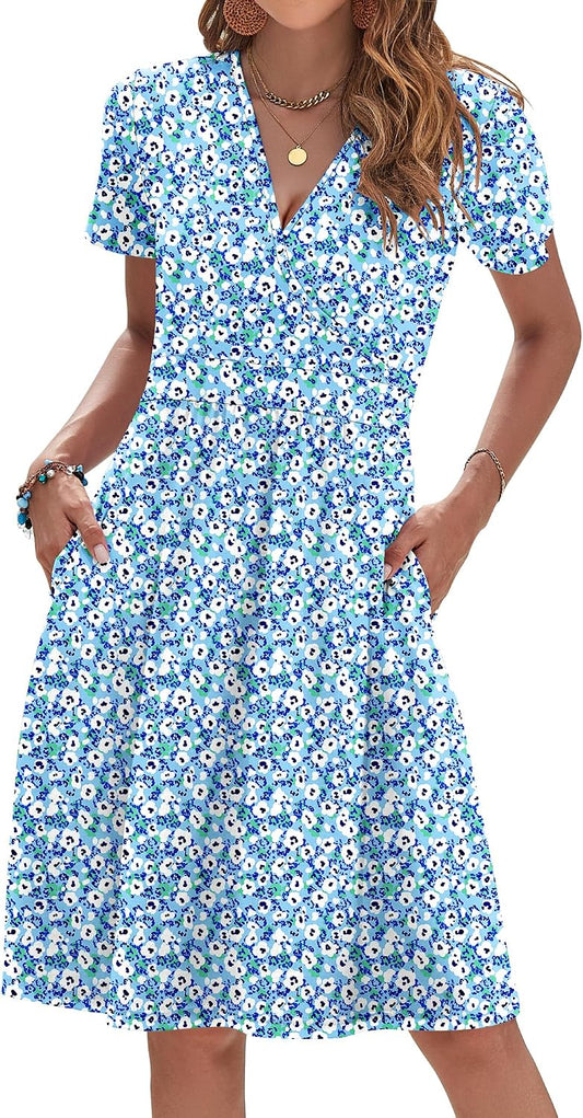 AUSELILY Womens Summer Dresses 2026 Short Sleeve V Neck Floral Sundress with Pockets .