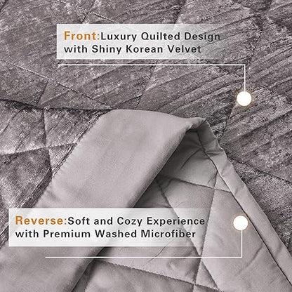LUCKYBULL Silver Korean Velvet Quilt Set King XL Size (104x96 inch), 3 Pieces Luxury Textured Soft Bedspread with 2 Pillowcases, Reversible Coverlet Set for All Season