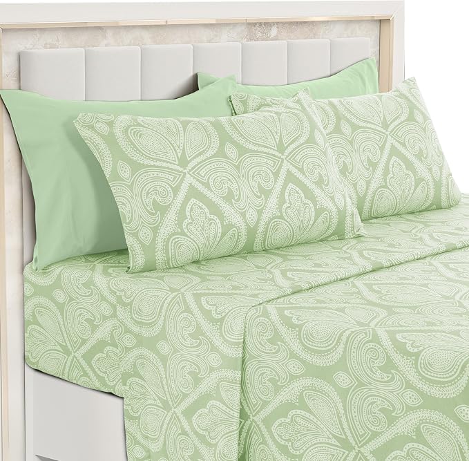 Paisley King Sheet Set 6 Piece, 16" Deep Pocket Soft Microfiber, LUX Décor Boho Print Wrinkle-Free Breathable Cooling Sheets, Fade and Shrink Resistant, OEKO-TEX, 4 Pillowcases, Sage Green