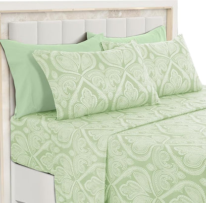 Paisley King Sheet Set 6 Piece, 16" Deep Pocket Soft Microfiber, LUX Décor Boho Print Wrinkle-Free Breathable Cooling Sheets, Fade and Shrink Resistant, OEKO-TEX, 4 Pillowcases, Sage Green