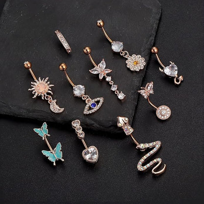 JeryWe 10 Pcs Belly Button Rings Clicker Belly Ring for Women 14G Belly Button Rings Dangling Snake Evil Eye Heart CZ Butterfly Flower Belly Rings Surgical Steel Navel Rings Body Piercing Jewelry