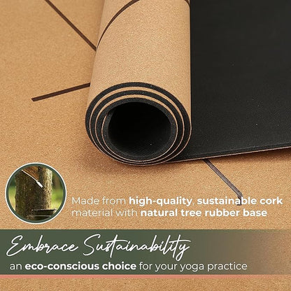 Premium Yoga Cork Mat  5mm Thick Natural Tree Rubber Base and Bigger Mat for Extra Support, Alignment lines for Guidance  Non-Slip, Natural  Eco-friendly, Your Ultimate Eco-Friendly Yoga Companion