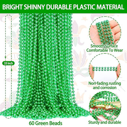 60 Pack St Patricks Day Necklace,Green Metallic Beads,33 Inch-Long Irish Saint Patrick Day Accessories, Parade Throw Accessories for Mardi Gras St. Patricks Christmas Decorations
